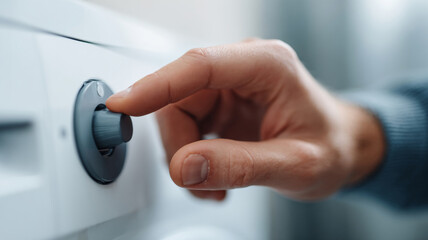 Close-up of hand adjusting black control knob on white appliance with blurred background