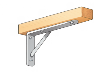Wood plank creating a shelf supported by a metal bracket secured with screws, illustrating construction hardware and diy projects