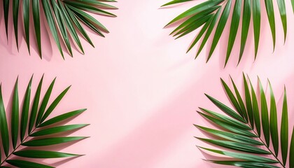 Lush green palm fronds frame a soft pink surface, with shadow play