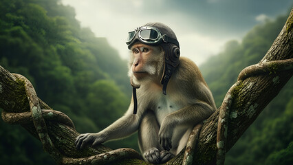 A wise old monkey in a vintage aviator helmet and goggles, pensive on a gnarled branch, gazing at a cloudy sky. Ideal for storytelling, book covers, blogs on wisdom, adventure, or reflection,