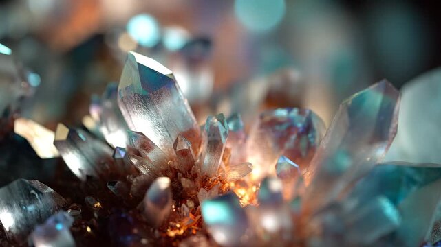Ultra HD Closeup of vibrant glowing crystal cluster with blue and orange light, abstract magical gemstone formation, mystical mineral background video