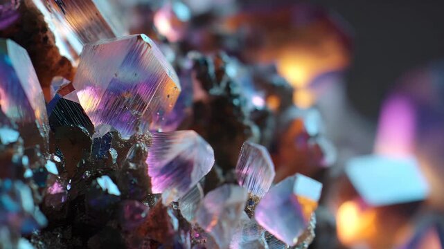 Ultra HD Macro closeup of vibrant iridescent crystals with glowing light and abstract colorful reflections, a beautiful mineral formation video