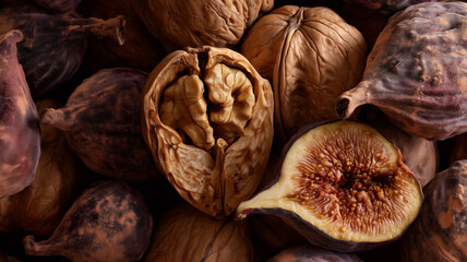 A hyper-detailed, horizontal macro shot showing the rich textures of a cracked walnut shell and the seedy interior of a halved purple fig, surrounded by whole autumn fruits.