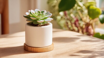 A serene succulent in a white pot with a wooden base rests on a sunlit wooden surface, evoking tranquility and natural beauty in a minimalist composition.
