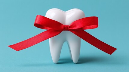 A shiny white tooth model with a vibrant red ribbon, set against a serene blue backdrop, a whimsical celebration of dental care. Emphasizing gifting oral health.