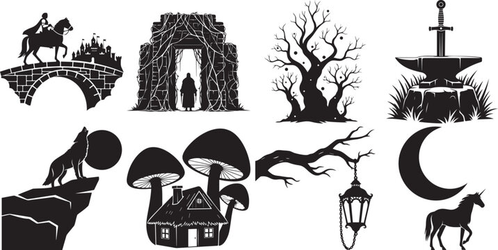 Fantasy fairy tale silhouettes with knight castle dragon tree mushrooms wolf and unicorn elements