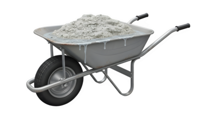 Wheelbarrow filled with light gray construction material, isolated on transparent background