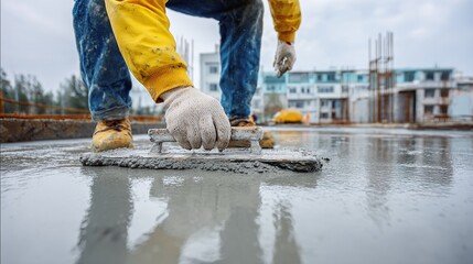 A construction worker wearing a yellow coat and gloves carefully uses a hand float to smooth out freshly poured concrete on a building site, ensuring a level surface.