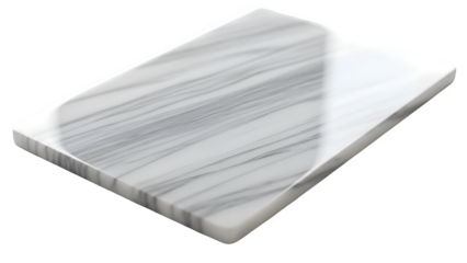 Rectangular slab of white marble with grey veining, polished surface, isolated on transparent background