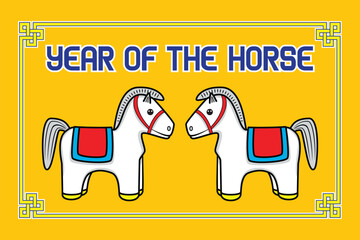 Chinese celebrate Chinese zodiac Year of the horse with cute twin white horse background with Chinese knot drawing in colorful cartoon vector
