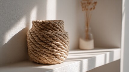 Fototapeta premium A vase with jute threads under sunlight, with neutral, minimalist aesthetics. In the background, a blurred vase with dried flowers completes the serene atmosphere.