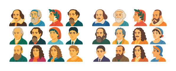 Portrait collection of historical figures in colorful attire