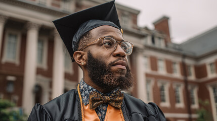 A graduate stands with cap and gown, gazing ahead with hope against a blurred brick building backdrop. He exudes scholarly achievement and aspirational determination. 177 characters.