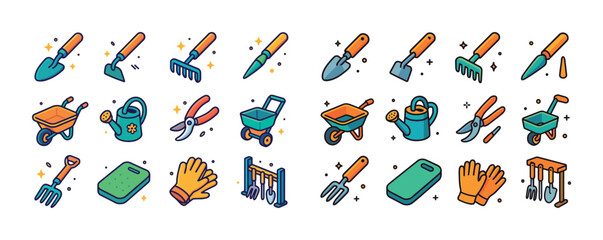 Colorful gardening tools illustration with trowels, rakes, watering cans, and gloves