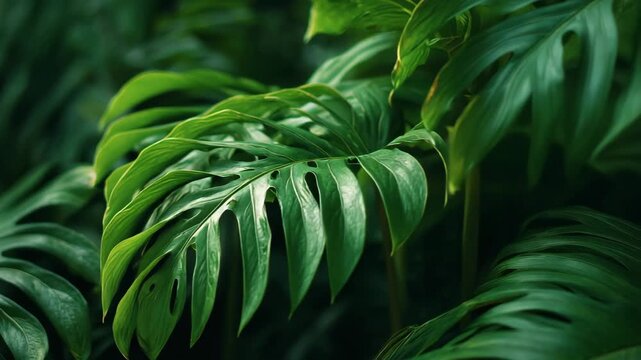 Ultra HD Lush green monstera deliciosa leaves with distinctive splits and holes, creating a vibrant natural tropical plant background texture video
