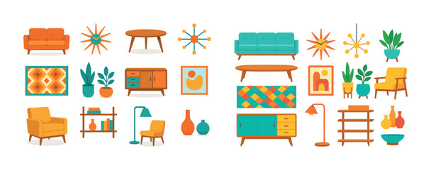 Fototapeta premium Mid-century modern furniture collection with geometric decor and vibrant colors