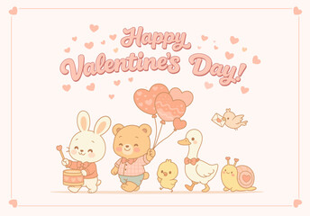Cute Kawaii Valentine Animal Parade with Heart Balloons, Pastel Kids Illustration with Bunny Bear Duck and Chick