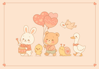 Kawaii Valentine Animal Parade, Cute Bunny Bear Duck and Chick with Heart Balloons, Pastel Kids Illustration