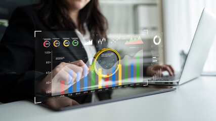 A business data analysis and performance monitoring dashboard. A collection of charts and graphs for strategic review and company evaluation. Motif