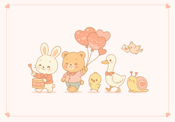 Cute Valentine Animals Parade, Kawaii Bunny Bear Duck Chick and Snail with Heart Balloons, Pastel Cute Illustration for Kids
