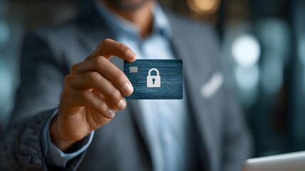 Businessman holding a credit card with a security lock symbol, representing online payment safety and financial security in a modern office environment with blurred background
