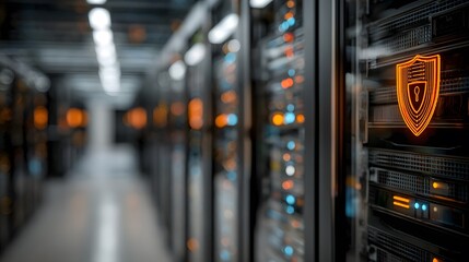 Data center with rows of servers featuring illuminated security icons, showcasing advanced technology and digital infrastructure in a modern computing environment