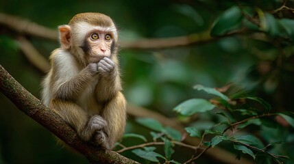 Fototapeta premium A thoughtful monkey sits on a tree branch, gazing intently with its hands clasped in front of its face, set against a vibrant green background. The monkey emanates curiosity.