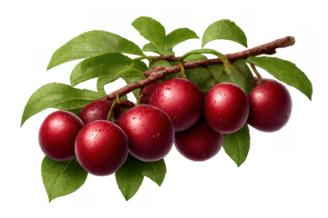 Fresh red plums on branch with green leaves and water droplets for healthy eating concept on transparent background