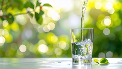 Clear water pours into a glass, set against a blurred background of green foliage