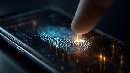 Close-up of a finger touching a smartphone screen displaying a digital fingerprint scanner, showcasing advanced biometric technology and user interaction in a modern context