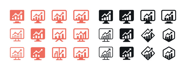 Growth graphs on screens: red, black, hexagon variations