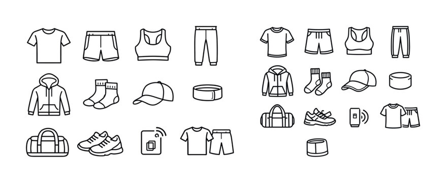 Outline icons of athletic apparel and accessories for fitness and sports enthusiasts
