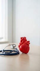Anatomical heart model and stethoscope on table. Medical concept for cardiology health, research, and diagnosis of heart disease.
