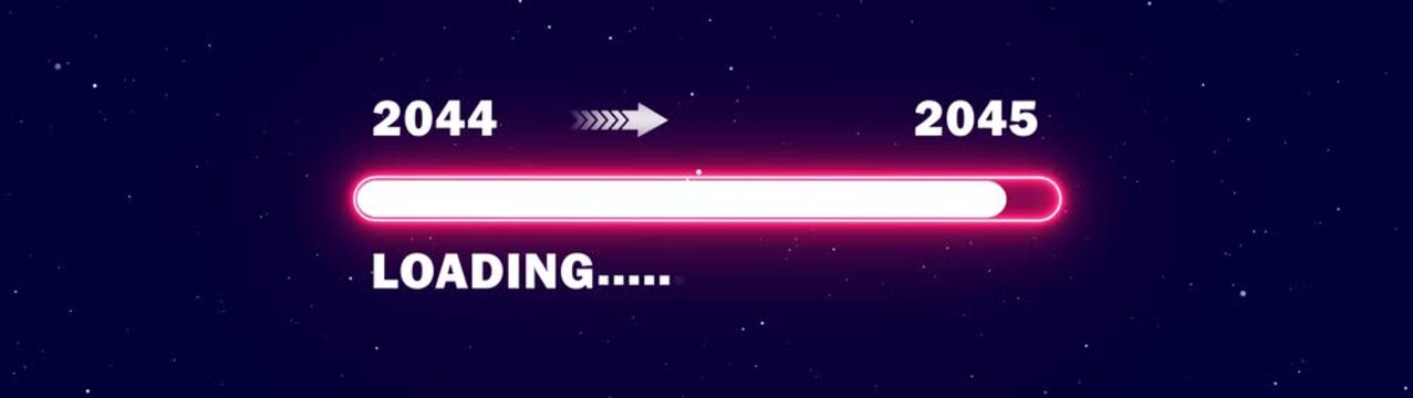 2044 to 2045 New Year Transition Animation - Futuristic Neon Red Loading Bar with Digital Progress Indicator and HUD Style Background