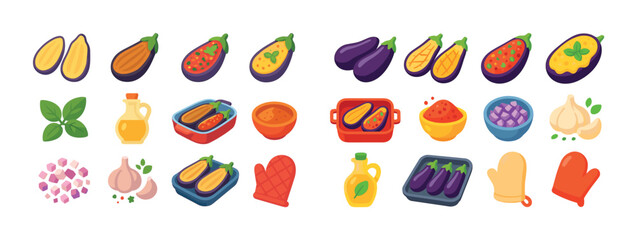 Obraz premium Colorful eggplant dishes with ingredients and cooking tools in vector art