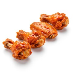 Four crispy chicken wings with spicy sauce isolated on white background