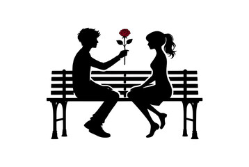 Couple sharing a rose on a park bench isolated on white background, Vector, illustration