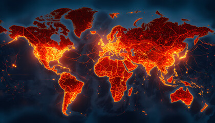 A glowing world map at night with vibrant red and orange lights