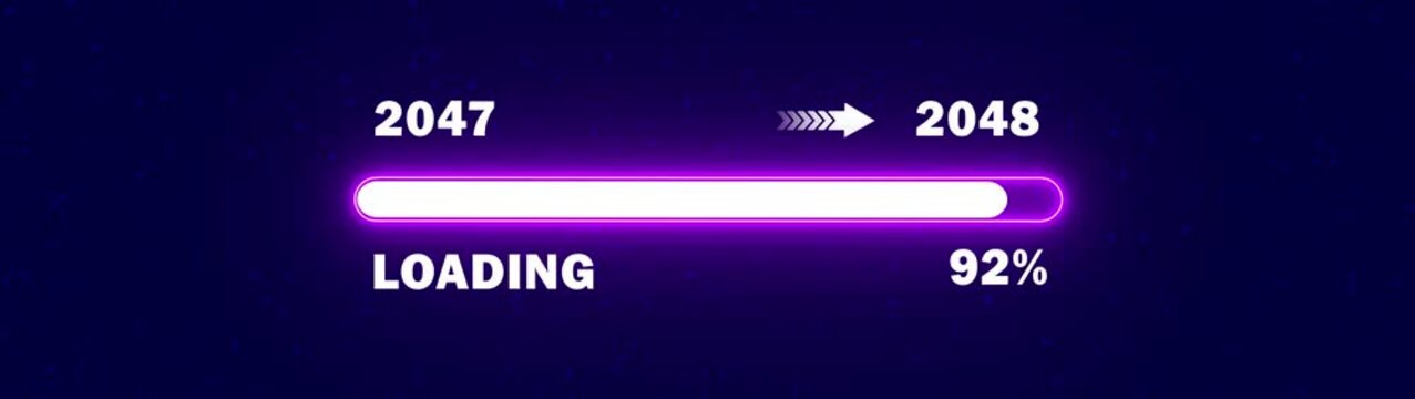 Futuristic 2047 to 2048 New Year Transition Animation - Neon purple Digital Loading Bar with Progress Indicator and Cyber HUD Interface Background