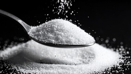 Close-up of spoon overflowing with white granules, some falling onto pile, dark background
