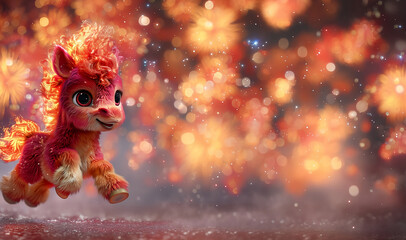 Cute red horse with fire mane galloping on festive bokeh background with fireworks. Chinese New Year celebration, zodiac sign of 2026 concept. Cartoon illustration for mockup, banner with copy space