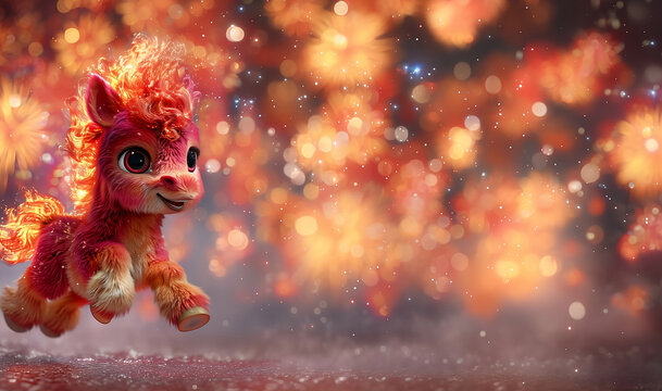 Cute red horse with fire mane galloping on festive bokeh background with fireworks. Chinese New Year celebration, zodiac sign of 2026 concept. Cartoon illustration for mockup, banner with copy space