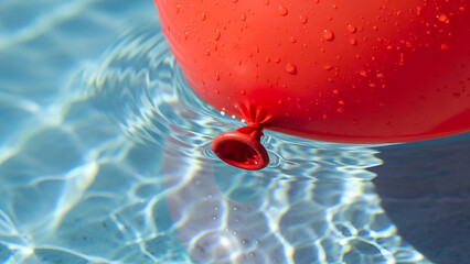 Hyperrealistic macro shot of a vibrant red balloon seam on rippling water with clinging droplets and magnified sunlight. Perfect for summer promotions, clean product ads, celebration backgrounds,
