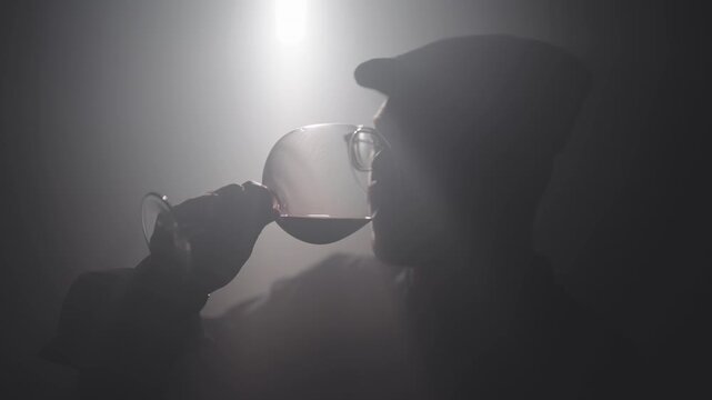 Wine expert somellier smells and drinks wine alcoholic drink to give it rating, slow motion shot with cinematic atmosphere, light and fog