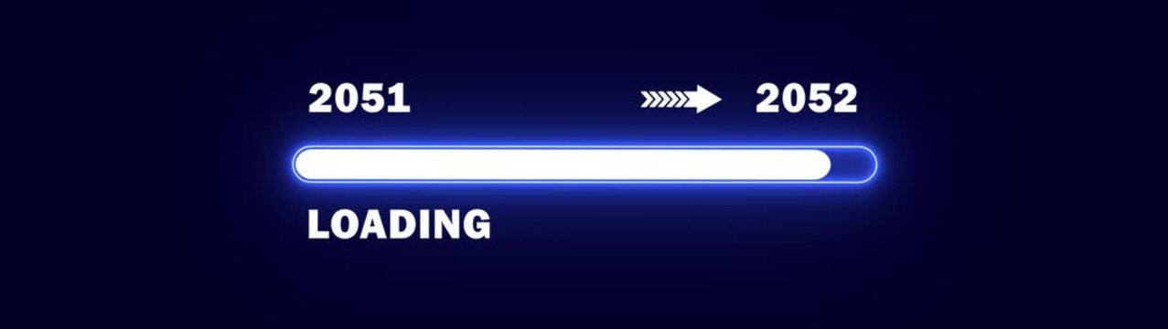 Digital 2052 New Year Arrival Animation from 2051 with Neon Blue Glowing Loading Bar and Futuristic Progress Indicator on Dark Background for Tech Projects