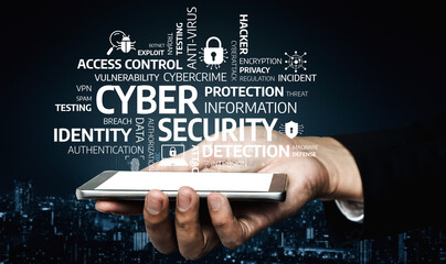 A conceptual image showcasing a hand holding a smartphone amidst various cyber security terminology, emphasizing the importance of digital safety and protection in modern technology. Tessel