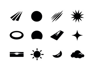 Black Light Texture Icons. Light textures. Solid icon set of Light textures: beam streaks, soft glow, shimmer lines, radiance burst, halo ring, gradient fade,