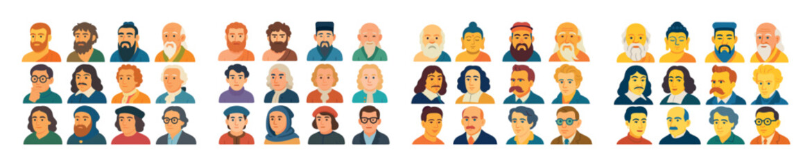 Diverse cartoon characters with various hairstyles and facial hair styles