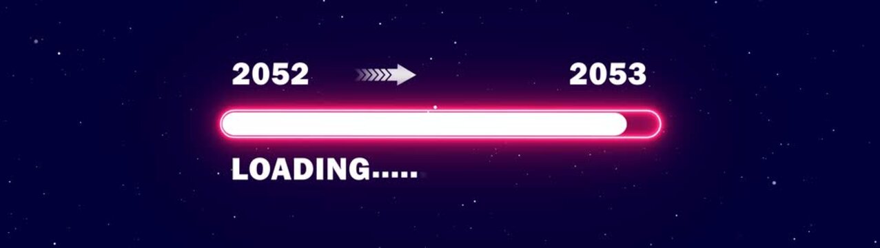 Modern 2053 New Year Countdown Animation from 2052 Featuring Neon Red Progress Bar and Cybernetic Loading Indicator on Dark Futuristic Background