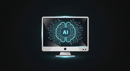 White computer monitor displaying a brain shaped ai interface on a dark background screen design